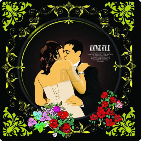 Illustration for Vintage style frame with kissing couple image - Royalty Free Image