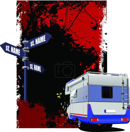 Illustration for Camper van on country background with pointer different direction - Royalty Free Image