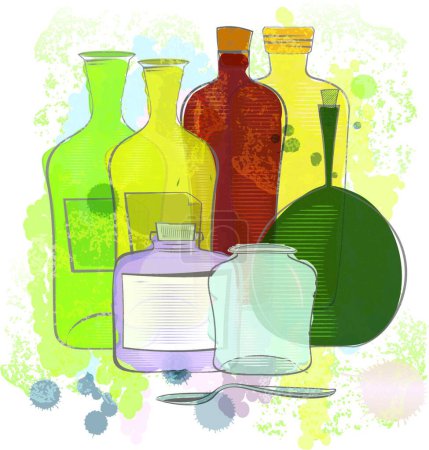 Téléchargez les illustrations : Aquarelle jaune rouge bouteilles vertes, illustration vectorielle conception simple - en licence libre de droit