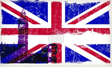 Illustration for United Kingdom flag with big ben and Grunge Effect - Royalty Free Image