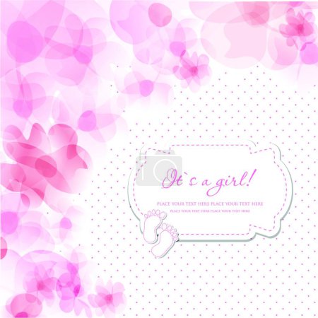 Illustration for Baby girl shower card with foot steps, flowers and frame for your text - Royalty Free Image