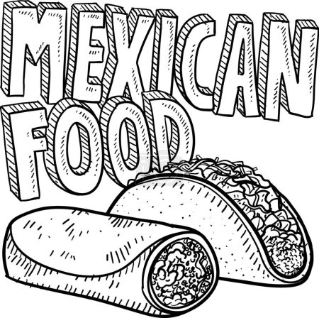 Téléchargez les illustrations : Croquis alimentaire mexicain, illustration vectorielle design simple - en licence libre de droit