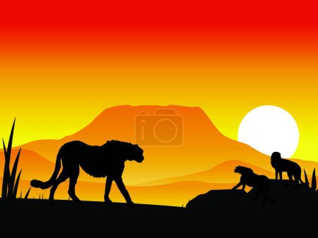 Téléchargez les illustrations : Silhouette guépard sur savane, illustration vectorielle design simple - en licence libre de droit