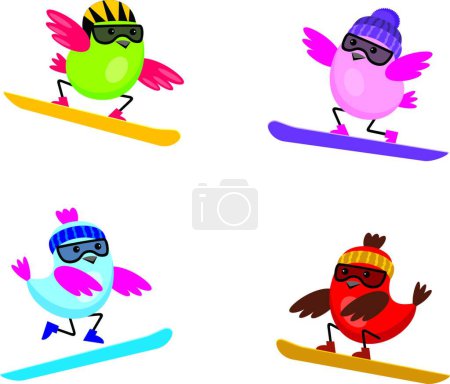 Téléchargez les illustrations : Oiseaux sur snouborde, illustration vectorielle design simple - en licence libre de droit