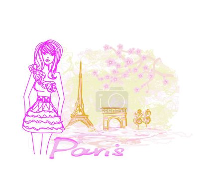 Illustration for Beautiful women Shopping in Paris - vector card - Royalty Free Image