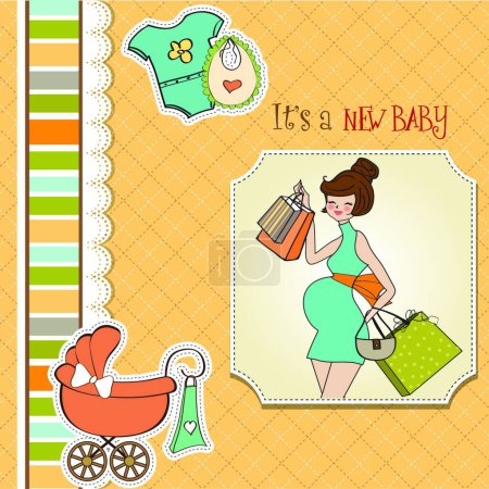 Illustration for Baby announcement card with beautiful pregnant woman on shopping - Royalty Free Image