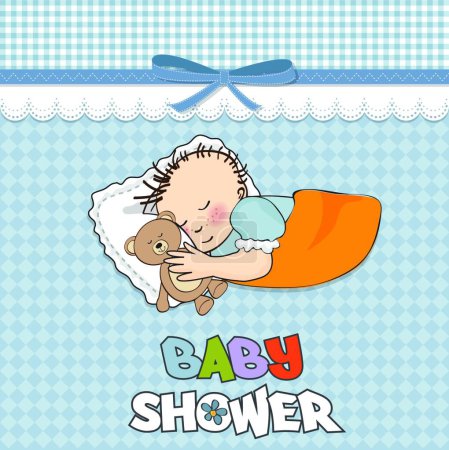 Téléchargez les illustrations : Carte de douche bébé avec petit garçon dormir avec son ours en peluche - en licence libre de droit