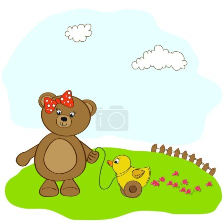 Téléchargez les illustrations : Carte de bienvenue bébé avec fille ours en peluche et son canard - en licence libre de droit