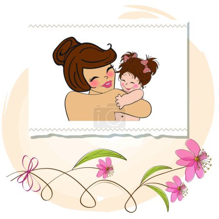 Ilustración de Madre joven sosteniendo un nuevo bebé, plantilla de tarjeta de felicitación - Imagen libre de derechos