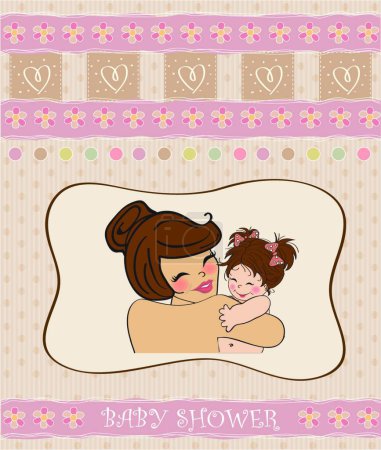 Illustration for Young mother holding a new baby, greeting card template - Royalty Free Image
