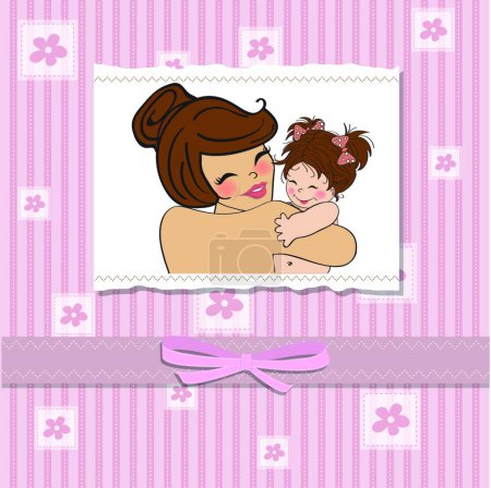 Ilustración de Madre joven sosteniendo un nuevo bebé, plantilla de tarjeta de felicitación - Imagen libre de derechos