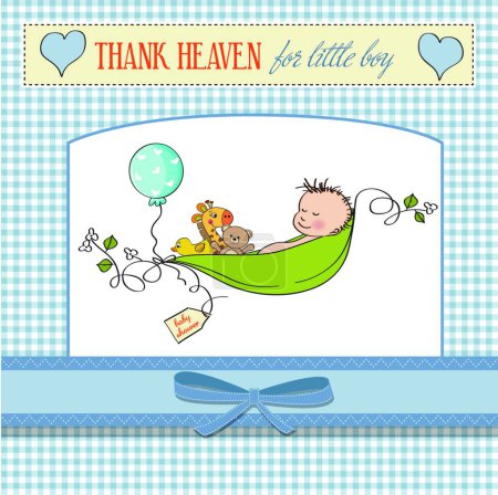 Illustration for Little boy sleeping in a pea been, baby announcement card - Royalty Free Image