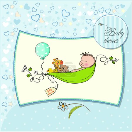 Ilustración de Niño durmiendo en un guisante estado, tarjeta de anuncio del bebé - Imagen libre de derechos