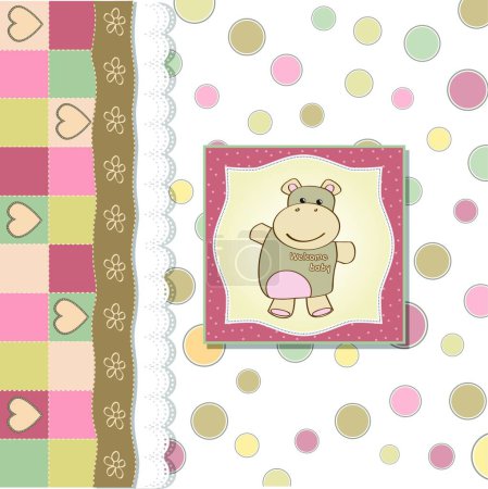 Illustration for Childish baby girl announcement card with hippo toy - Royalty Free Image