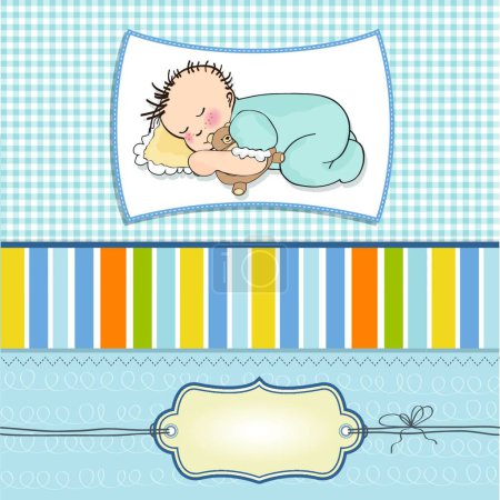 Illustration for Baby shower card with little baby boy sleep with his teddy bear - Royalty Free Image