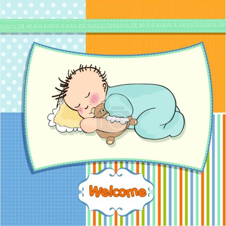 Téléchargez les illustrations : Carte de douche bébé avec petit garçon dormir avec son ours en peluche - en licence libre de droit
