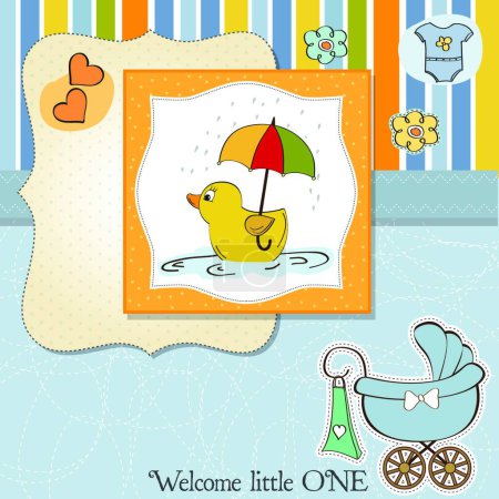 Illustration for Baby boy shower card with duck toy - Royalty Free Image