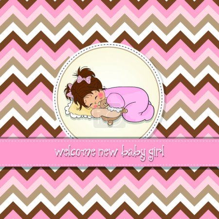 Illustration for Baby shower card with little baby girl play with her teddy bear - Royalty Free Image