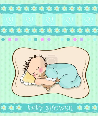 Illustration for Baby shower card with little baby boy sleep with his teddy bear - Royalty Free Image