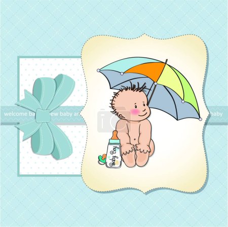 Ilustración de Bebé niño ducha tarjeta con divertido bebé bajo su paraguas - Imagen libre de derechos