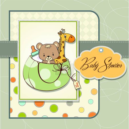 Illustration for New baby announcement card with bag and same toys - Royalty Free Image