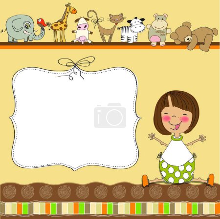 Illustration for New baby girl announcement card with little girl - Royalty Free Image