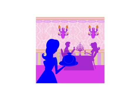 Illustration for Waitress serving dish, graphic vector illustration - Royalty Free Image