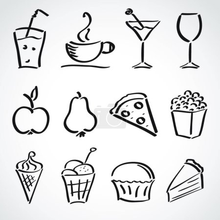 Téléchargez les illustrations : Set de ketch de style encre - nourriture, boissons, crème glacée - en licence libre de droit