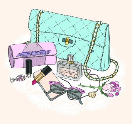 Illustration for Fashion essentials. Background with bag, sunglasses, shoes - Royalty Free Image