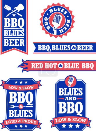 Téléchargez les illustrations : Badges Barbecue et Blues, illustration vectorielle colorée - en licence libre de droit