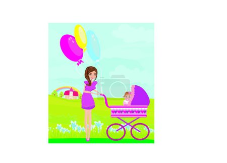 Illustration for "beautiful girl pushing a stroller with her daughter " - Royalty Free Image
