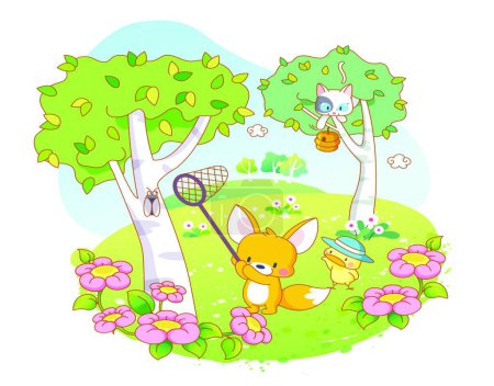 Illustration for Animals cartoon playing together in the garden - Royalty Free Image