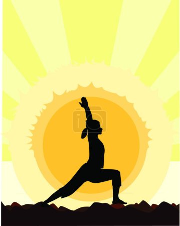Téléchargez les illustrations : Yoga Warrior Pose au coucher du soleil - en licence libre de droit