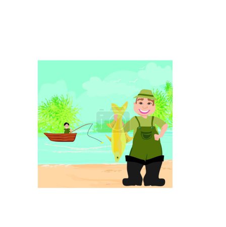 Téléchargez les illustrations : Pêcheur et bateau de pêche, illustration vectorielle graphique - en licence libre de droit