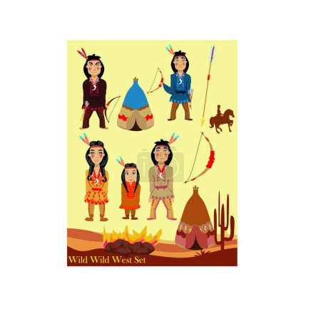 Illustration for Cartoon characters indian, wild west collection - Royalty Free Image