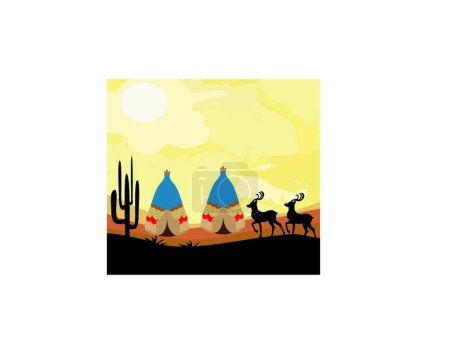 Illustration for Wild landscape with two wigwams and wild animals - Royalty Free Image