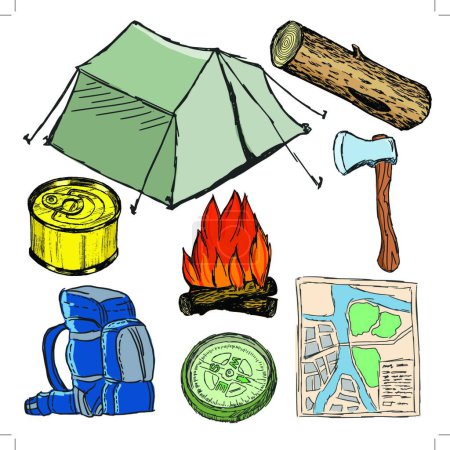 Ilustración de Conjunto de objetos del campamento, ilustración vectorial - Imagen libre de derechos