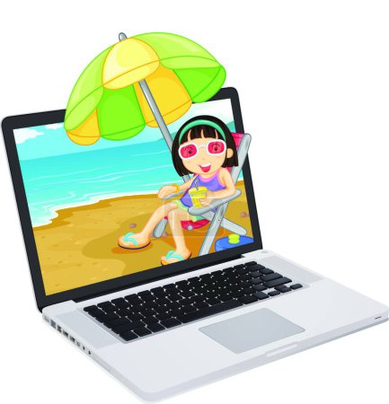 Téléchargez les illustrations : Ordinateur portable avec fille sur la plage "illustration vectorielle graphique - en licence libre de droit