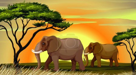 Illustration for Elephant under a tree, graphic vector illustration - Royalty Free Image