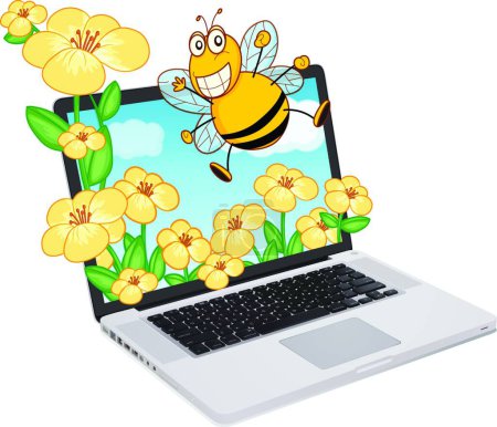 Illustration for Bee on laptop scree, graphic vector illustration - Royalty Free Image