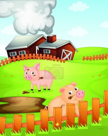 Téléchargez les illustrations : Porcs à la ferme, illustration vectorielle graphique - en licence libre de droit