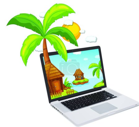 Illustration for Tropical island on laptop screen, graphic vector illustration - Royalty Free Image