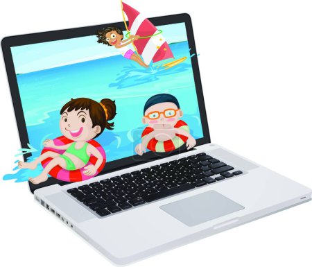 Illustration for People on the beach at the laptop screen, graphic vector illustration - Royalty Free Image