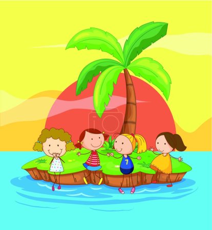 Ilustración de Niños en una isla, ilustración vectorial gráfica - Imagen libre de derechos