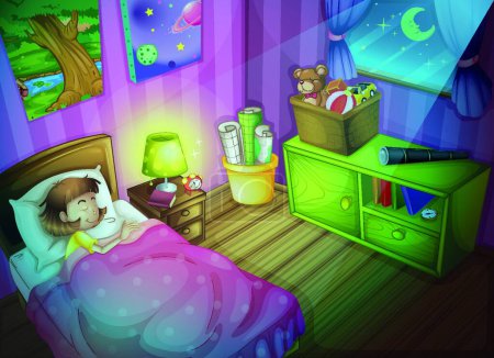 Téléchargez les illustrations : Fille sommeil dans la chambre à coucher la nuit, illustration vectorielle graphique - en licence libre de droit