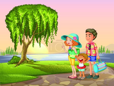 Téléchargez les illustrations : Homme, femme et enfant debout autour de l'arbre, illustration vectorielle graphique - en licence libre de droit