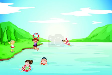 Téléchargez les illustrations : Enfants nageant dans l'eau illustration vectorielle moderne - en licence libre de droit