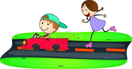 Ilustración de Niños y coche, ilustración vectorial gráfica - Imagen libre de derechos