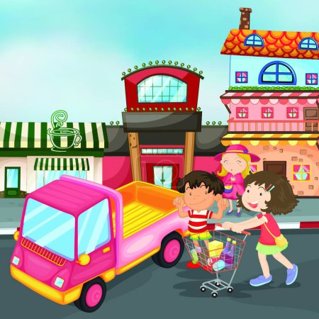 Téléchargez les illustrations : Camion et enfants, illustration vectorielle graphique - en licence libre de droit