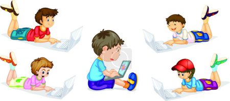 Ilustración de Niños y portátil, ilustración vectorial gráfica - Imagen libre de derechos